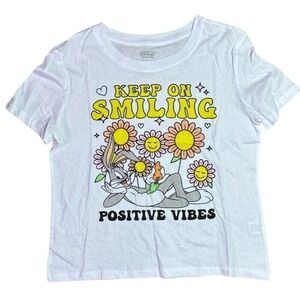 Looney‎ Tunes Bugs Bunny Graphic Tee White Keep Smiling Positive Vibes M